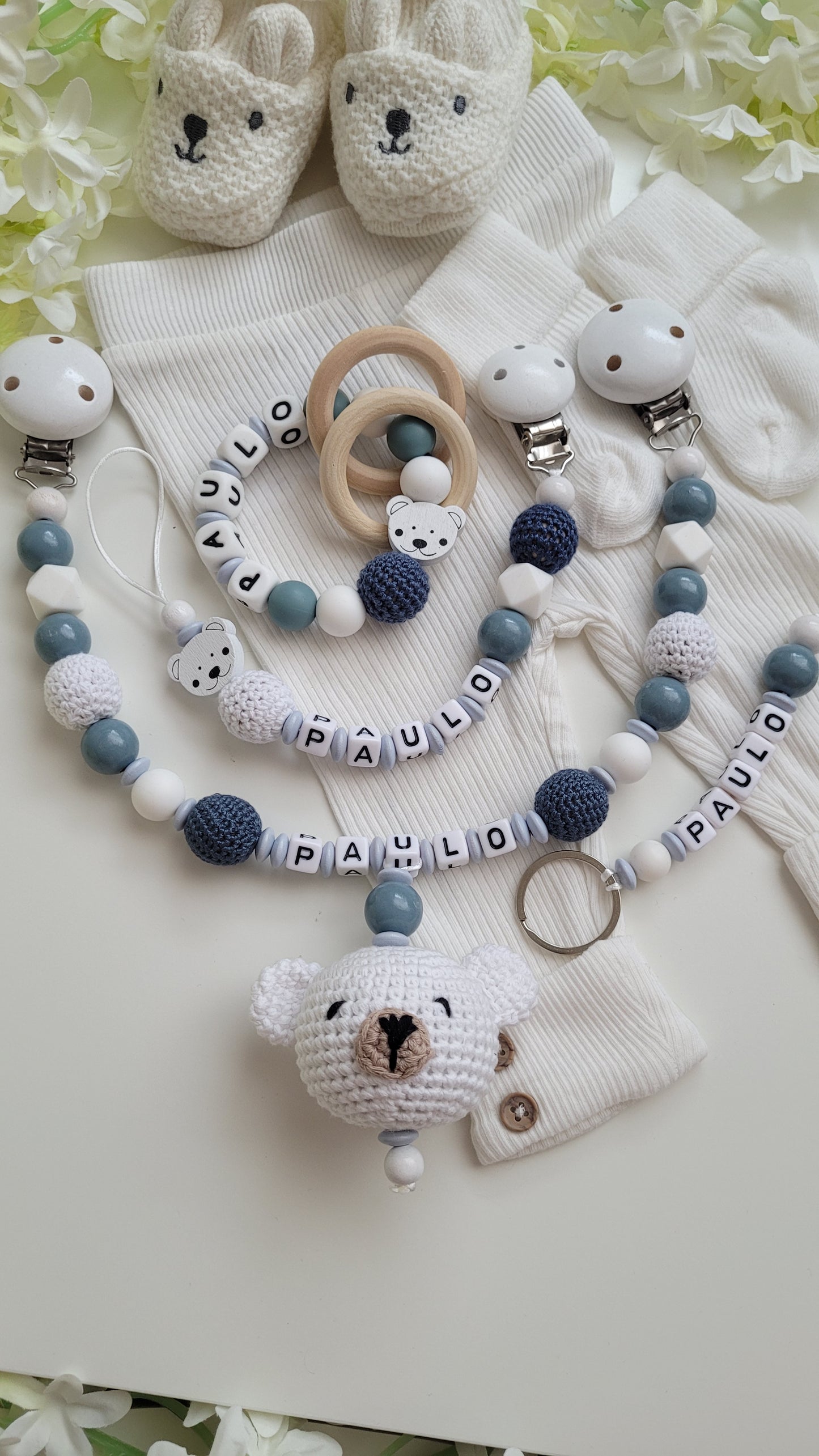 4 tlg Mega Komplett Set inkl. Schlüsselanhänger Bärchen graublau