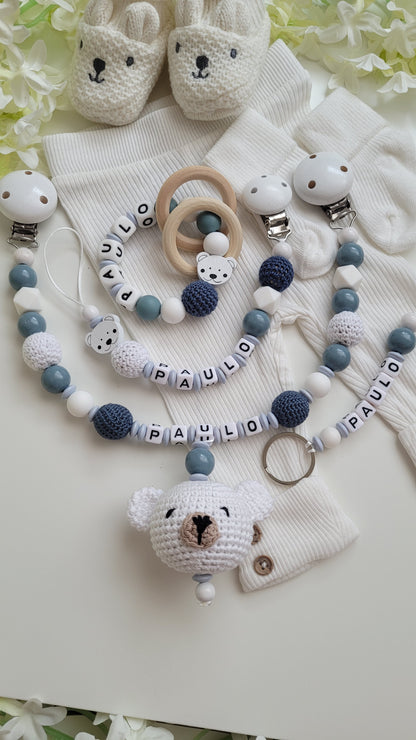 4 tlg Mega Komplett Set inkl. Schlüsselanhänger Bärchen graublau