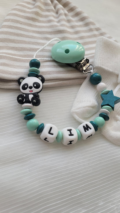 3tlg Schnullerkette Kinderwagenkette Greifring Panda mint petrol