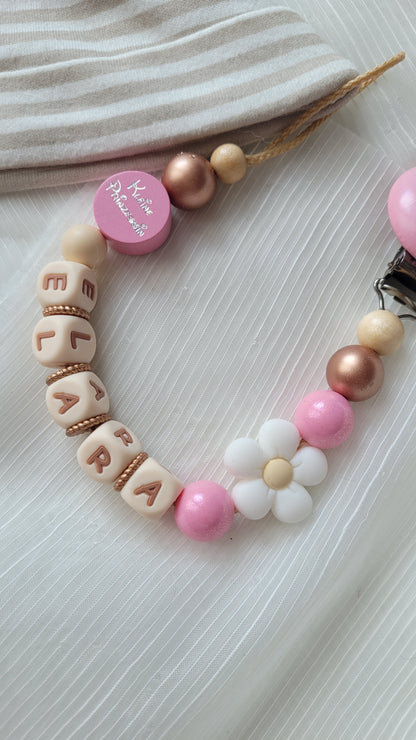 Schnullerkette mit Namen für Mädchen Kleine Prinzessin & Blume blush beige