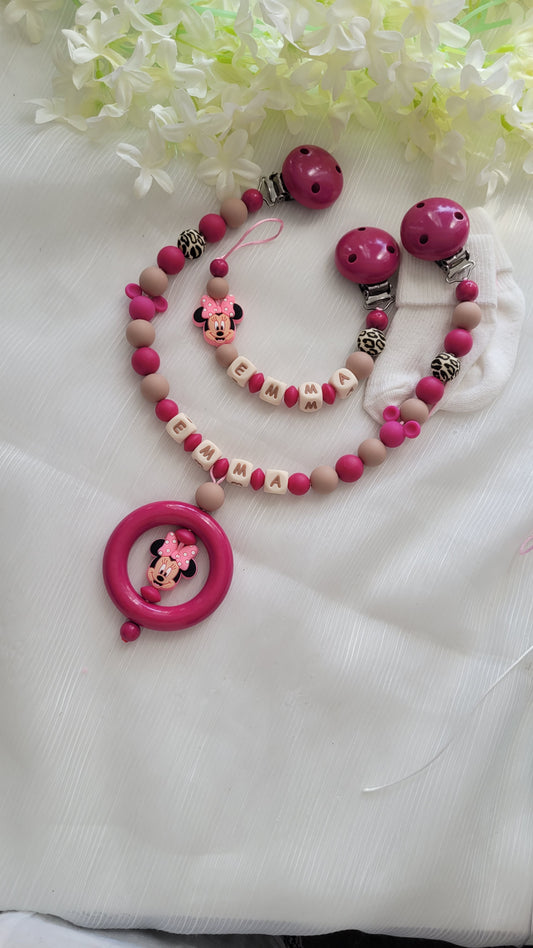 Kinderwagenkette & Schnullerkette mit Namen für Mädchen Maus pink sand