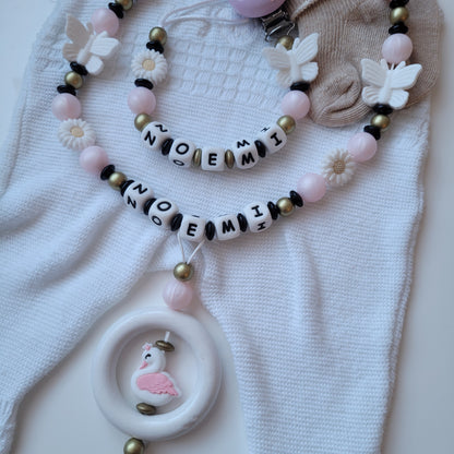 Kinderwagenkette & Schnullerkette mit Namen Schwan Schmetterling rosa schwarz gold