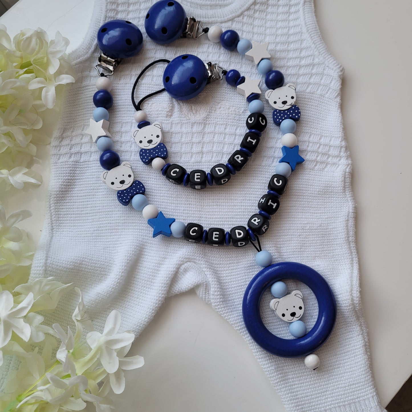 Kinderwagenkette & Schnullerkette * Sweet Teddy * blau weiss