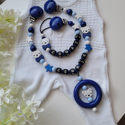 Kinderwagenkette & Schnullerkette * Sweet Teddy * blau weiss