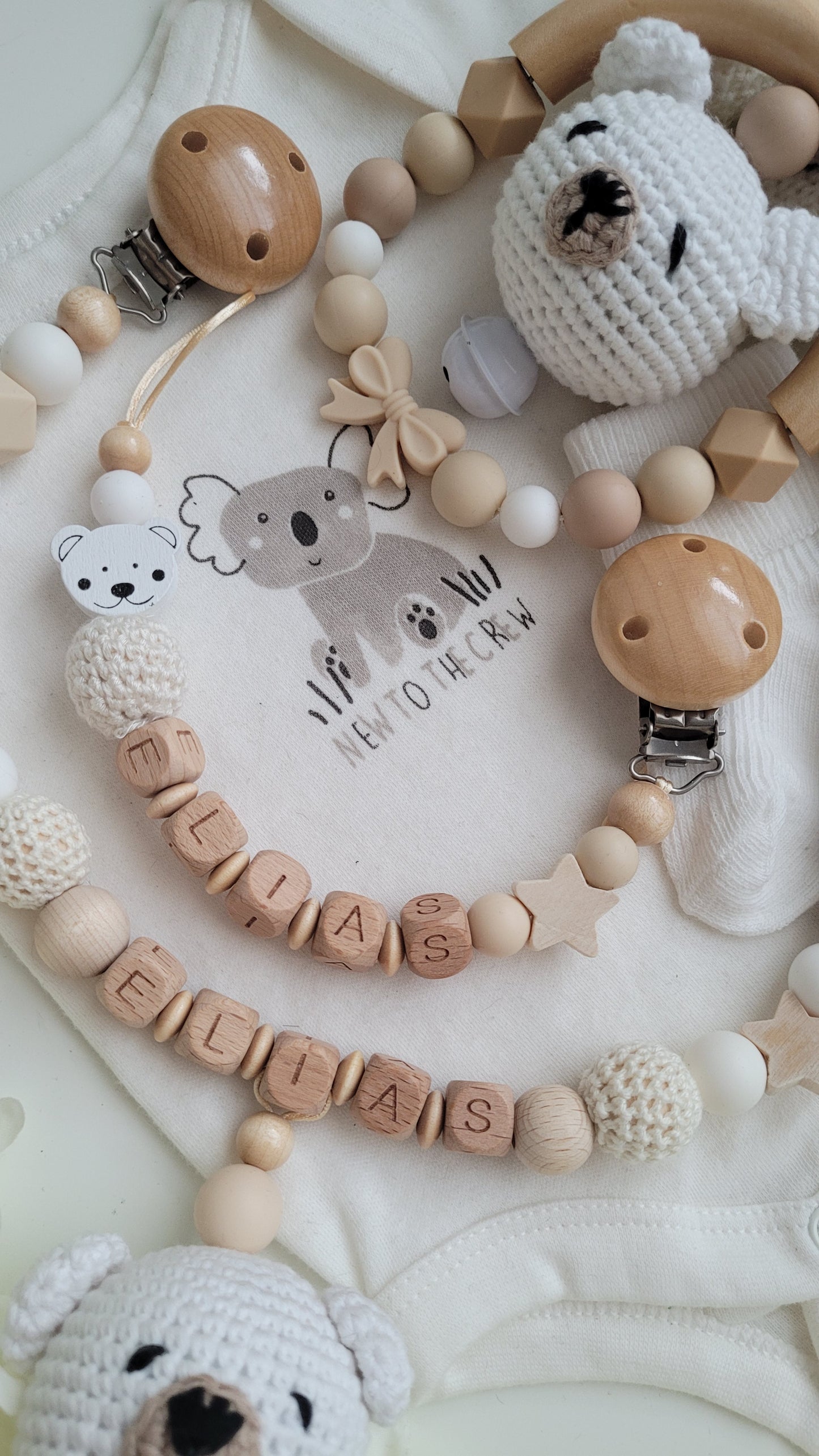 3tlg Set Schnullerkette Kinderwagenkette Greifling Teddy beige weiss