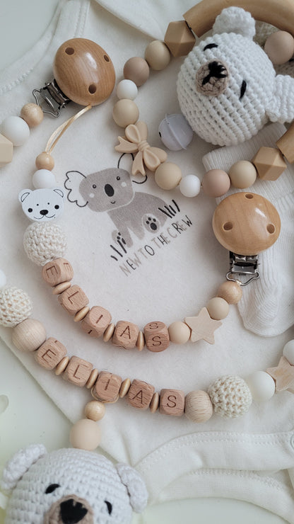 3tlg Set Schnullerkette Kinderwagenkette Greifling Teddy beige weiss