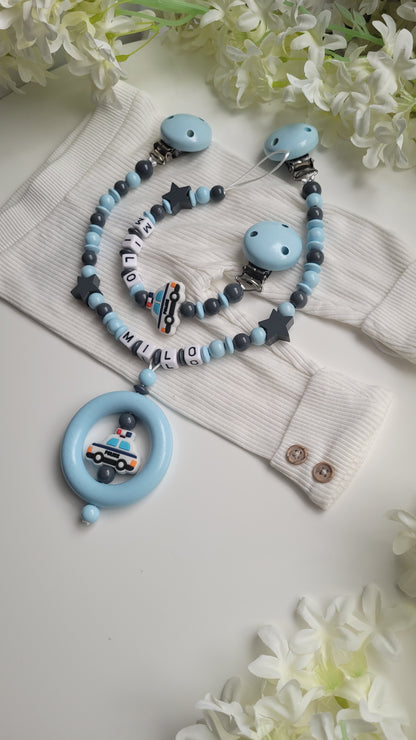Kinderwagenkette & Schnullerkette mit Namen Polizei Auto blau
