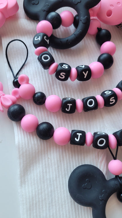 3er Set Kinderwagenkette & Schnullerkette mit Namen + Greifring für Mädchen Maus