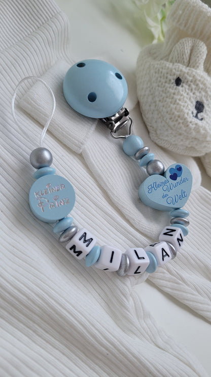 Schnullerkette mit Namen für Jungen Kleines Wunder der Welt & kleiner Prinz silber