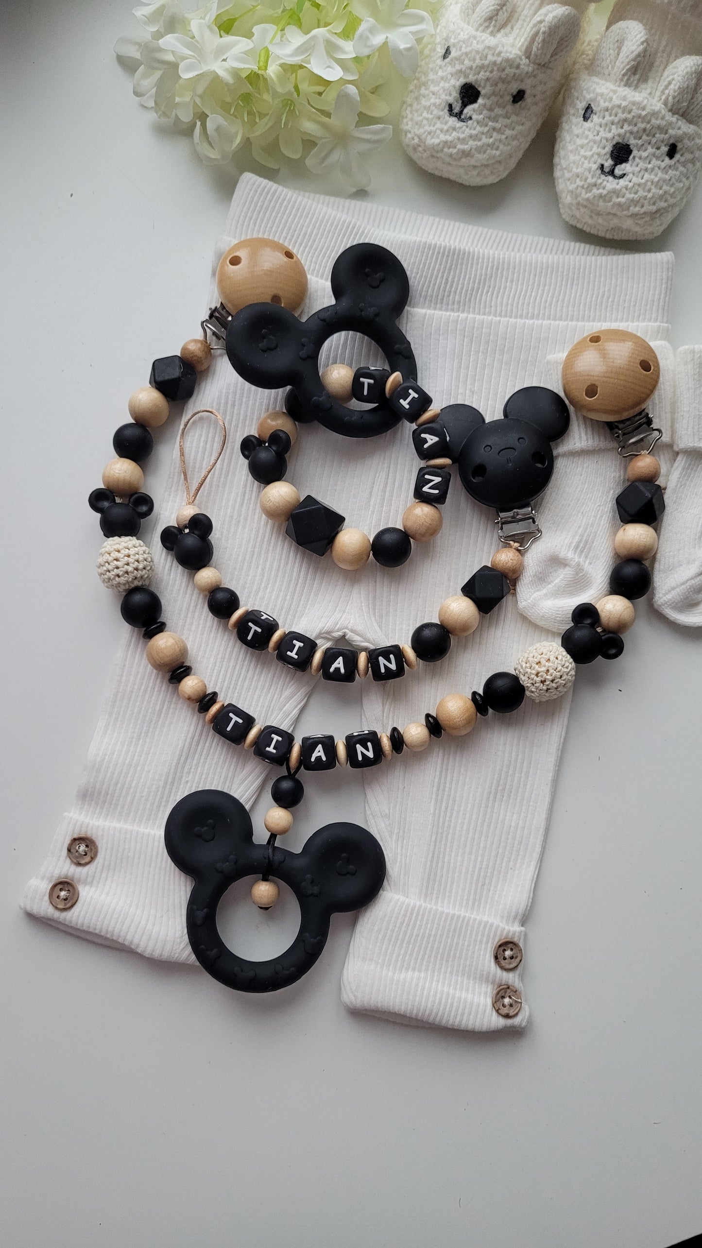 3tlg Set Schnullerkette Kinderwagenkette Spielring Maus schwarz holz