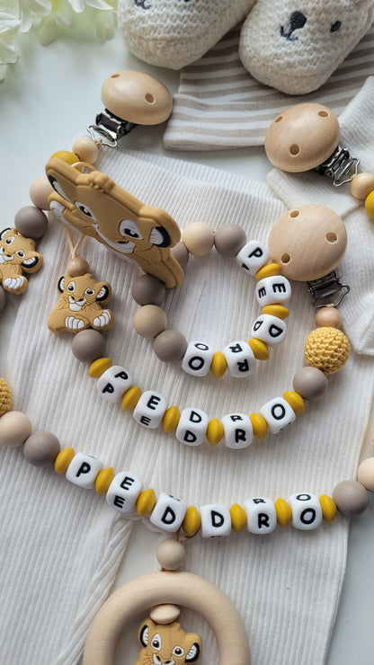 3er Set Schnullerkette Kinderwagenkette & Beissring mit Namen Löwe