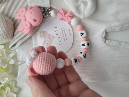Kinderwagenkette & Schnullerkette Set mit Namen Schleifen Mäuse apricot weiß Silikon | personalisiert