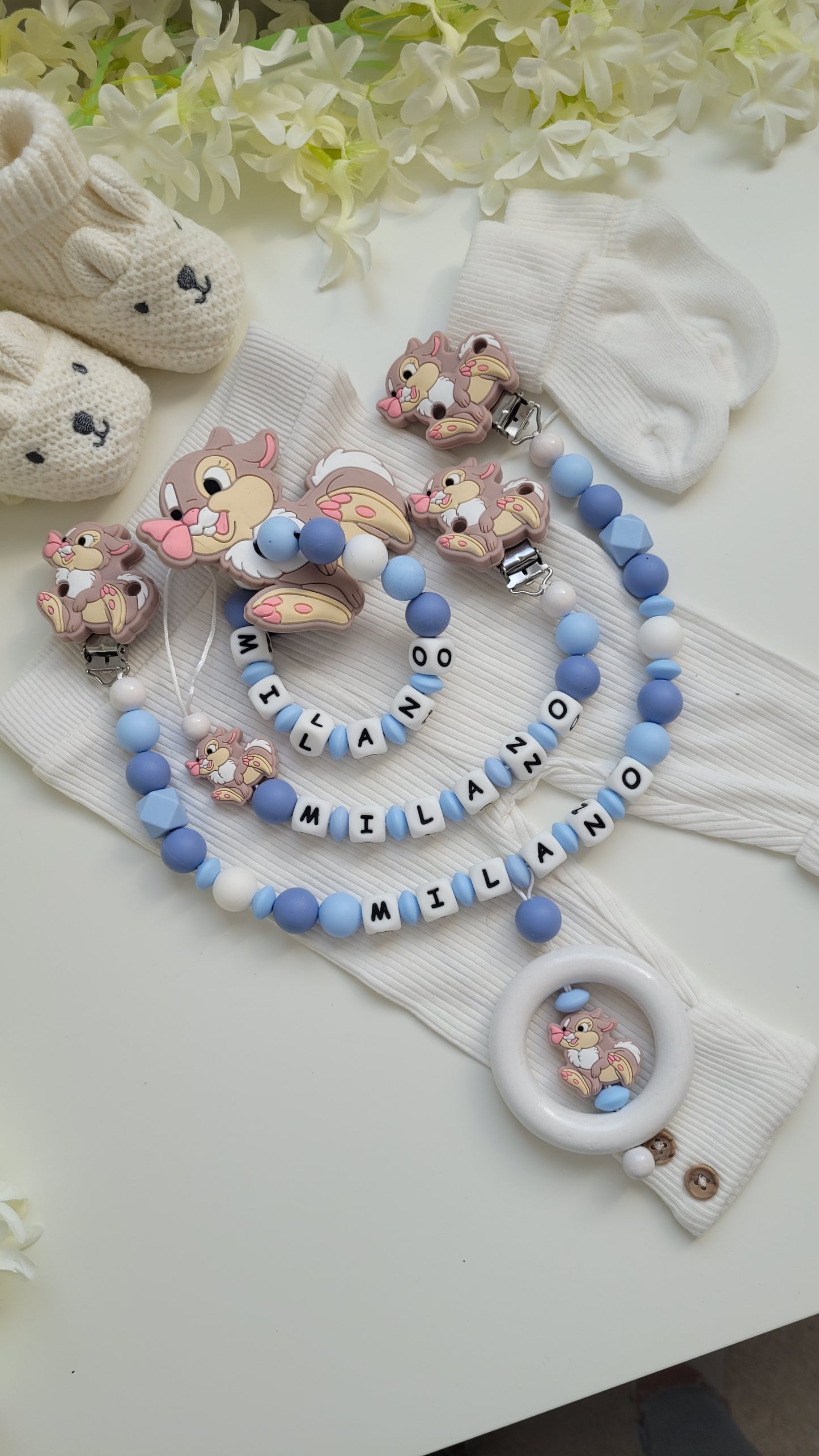 3tlg Set Schnullerkette Kinderwagenkette Greifling Hase blau