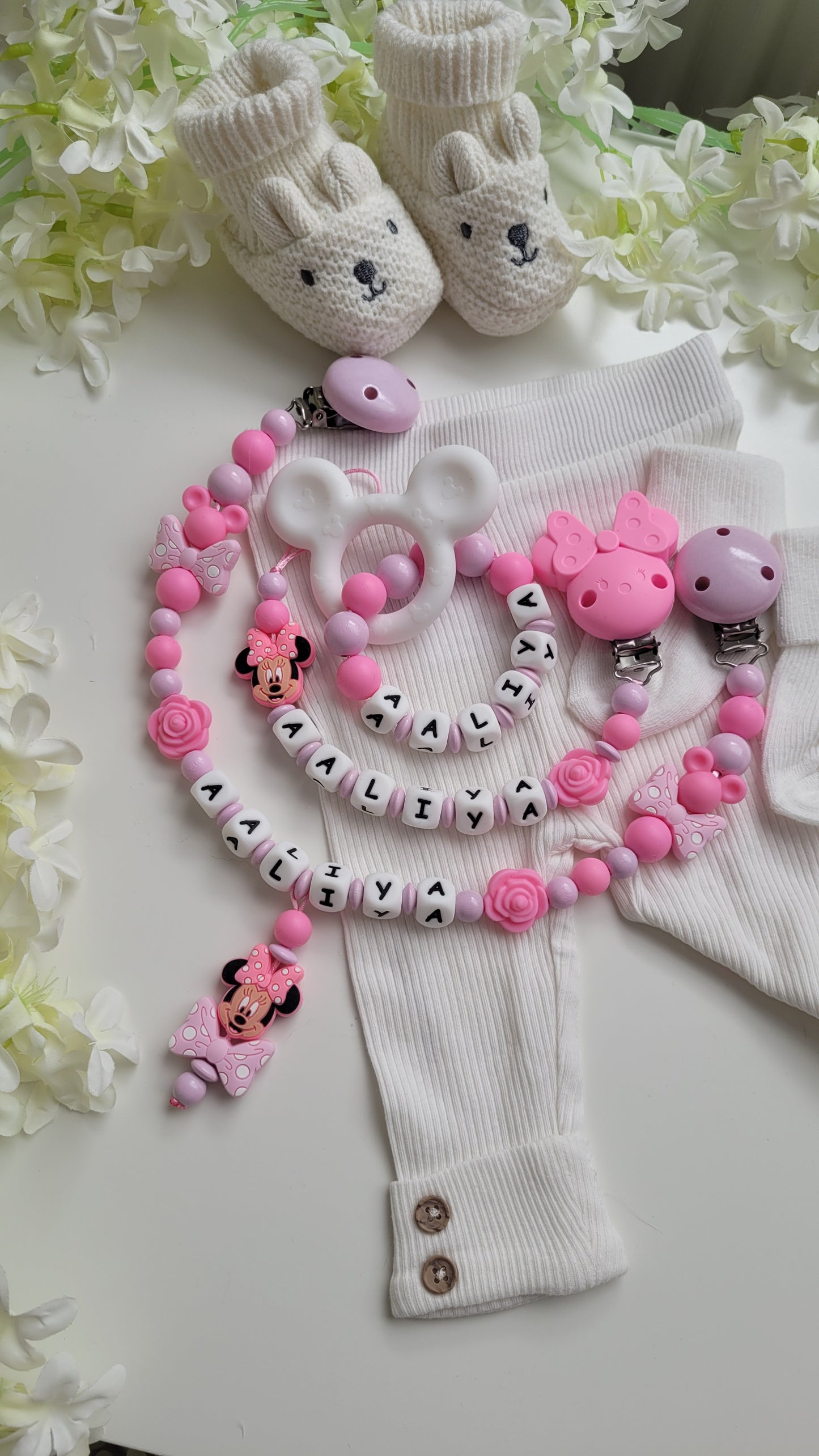 3tlg Set Pink Maus Schnullerkette Kinderwagenkette und Greifring