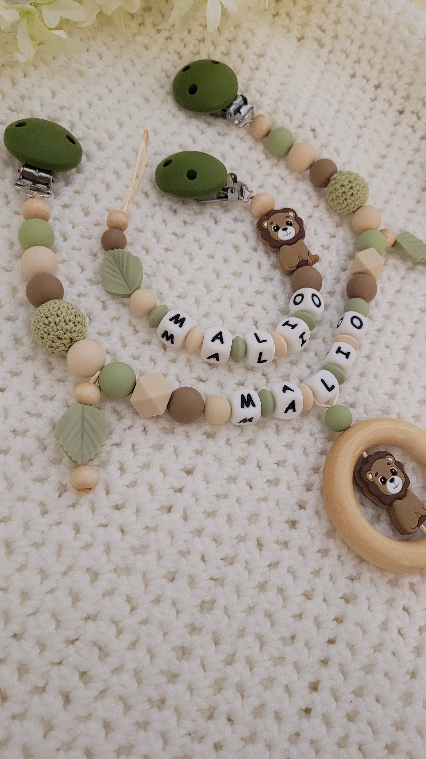 Kinderwagenkette & Schnullerkette Set Baby Löwe beige braun grün