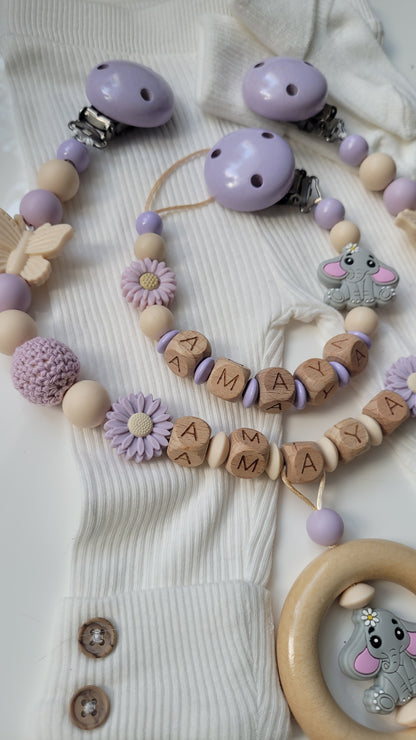 Kinderwagenkette & Schnullerkette mit Namen Elefant flieder Blümchen