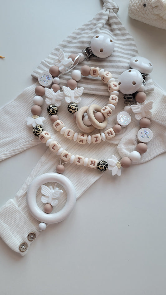 3er Set Schnullerkette Kinderwagenkette & Beissring mit Namen  Schmetterlinge leo weiss taupe