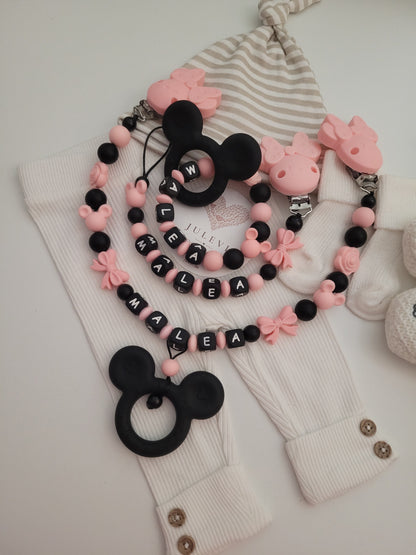 3er Set Schnullerkette, Kinderwagenkette & Greifring mit Namen Maus Rosen Schleifen schwarz peach