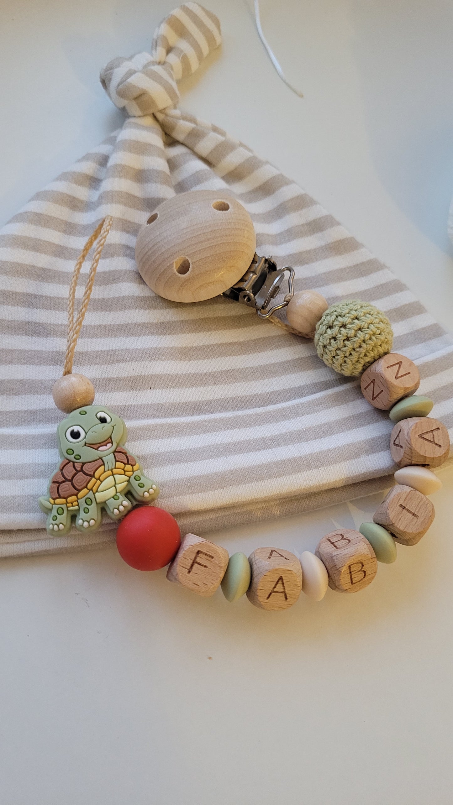 Schnullerkette Kinderwagenkette & Beissring mit Namen Schildkröte beige rost grün