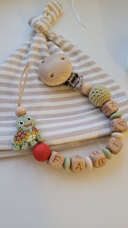 Schnullerkette Kinderwagenkette & Beissring mit Namen Schildkröte beige rost grün