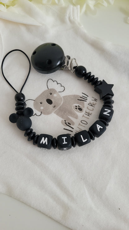 Kinderwagenkette & Schnullerkette mit Namen Maus black Spielringe