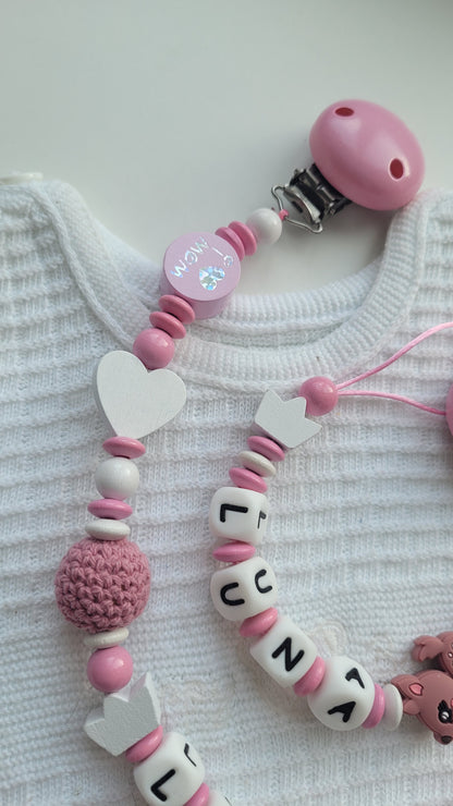 Kinderwagenkette & Schnullerkette mit Namen für Mädchen Reh & kleines Wunder der Welt rosa