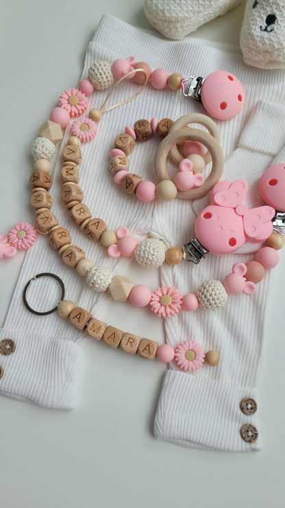 4tlg Traumset Schnullerkette Kinderwagenkette  Greifring und Schlüsselanhänger Maus apricot