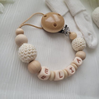 Schnullerkette mit Namen für Jungen und Mädchen Häkelperlen holz