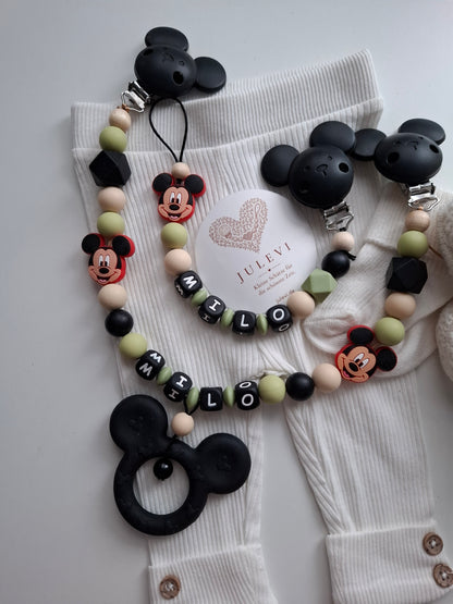 3er Set Schnullerkette Kinderwagenkette & Greifring mit Namen Maus schwarz grün beige