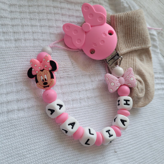 Schnullerkette mit Namen für Mädchen Maus & Schleife pink