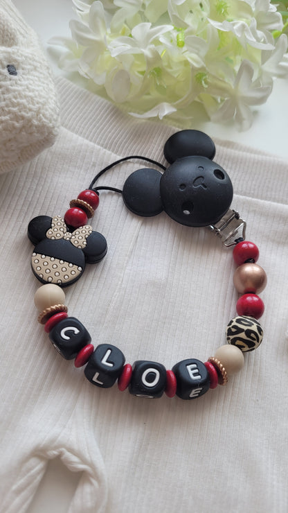 Kinderwagenkette & Schnullerkette Set mit Namen Maus Leoperlen Holzring weinrot rosegold Silikon Holz | personalisiert