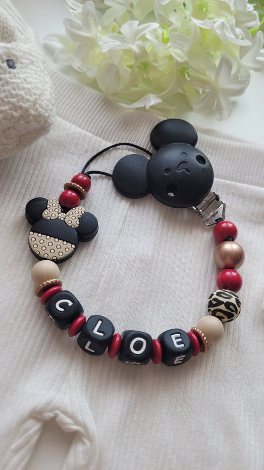 Schnullerkette mit Namen für Mädchen Maus weinrot rosegold leo