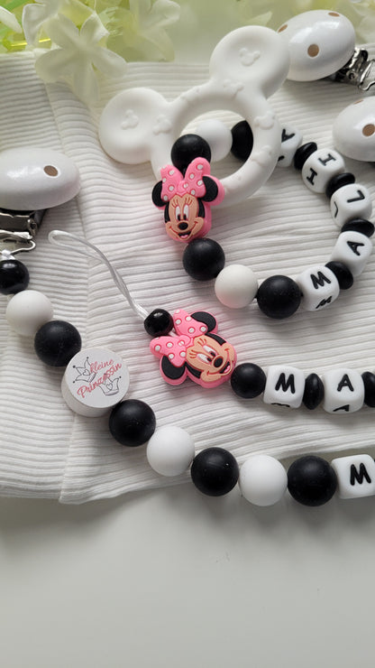 Komplett Set 3tlg Schnullerkette Kinderwagenkette Greifring mit Namen Minnie Maus schwarz weiß