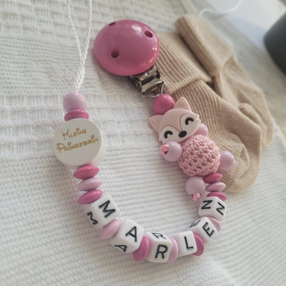 Schnullerkette mit Namen für Mädchen Kleine Prinzessin & Fuchs rosa pink