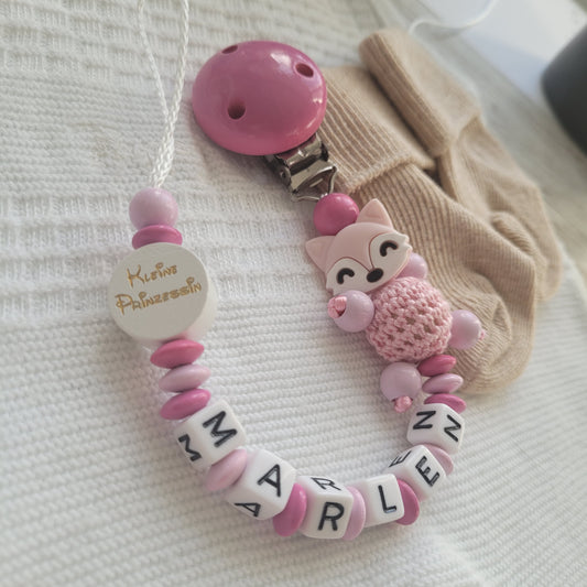 Schnullerkette mit Namen für Mädchen Kleine Prinzessin & Fuchs rosa pink