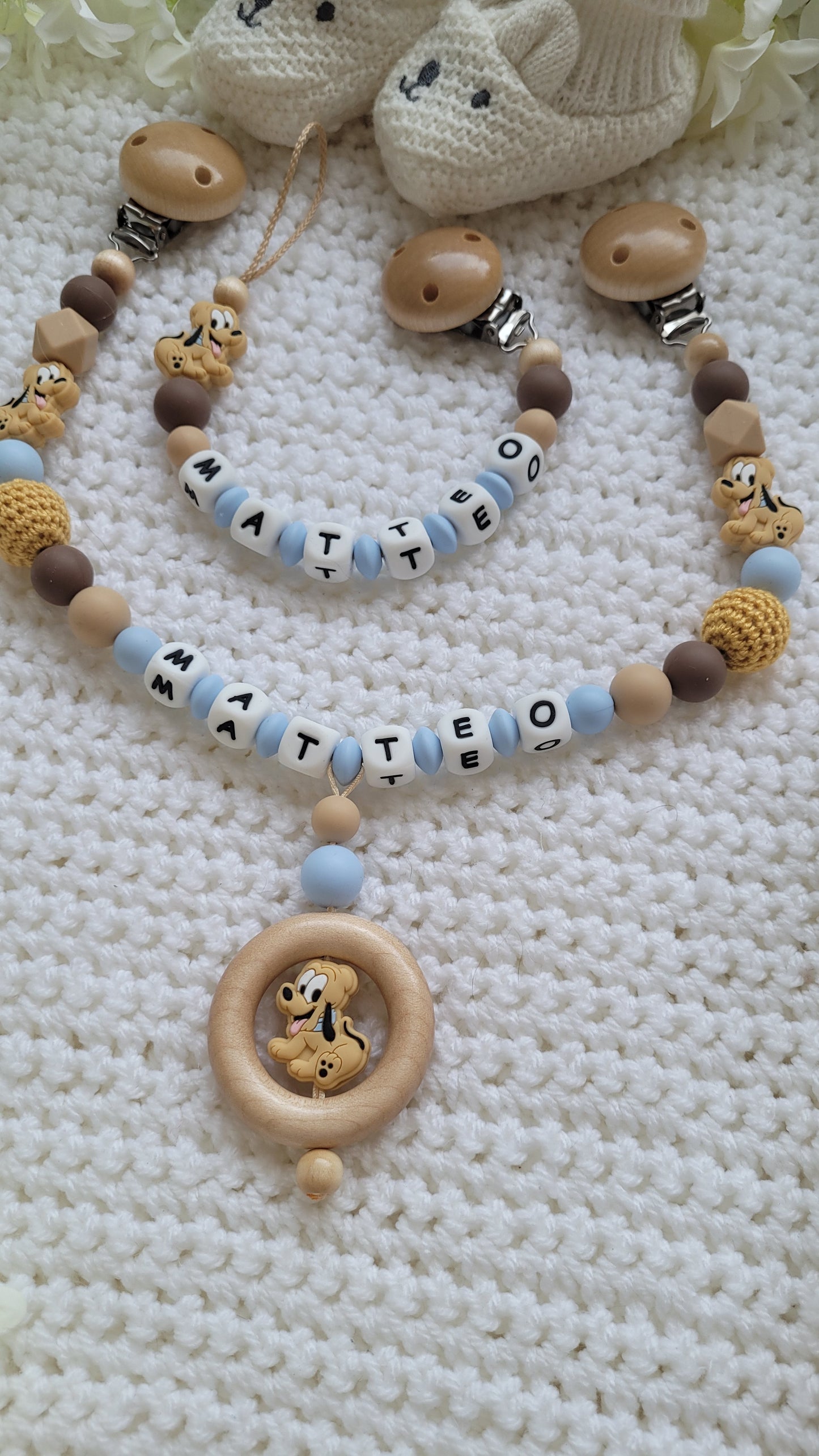 Kinderwagenkette & Schnullerkette Set Baby Hunde für Jungen braun beige blau