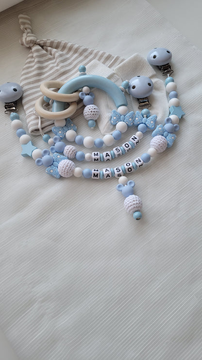 3tlg Set Schnullerkette Kinderwagenkette Greifling *Babymaus* hellblau