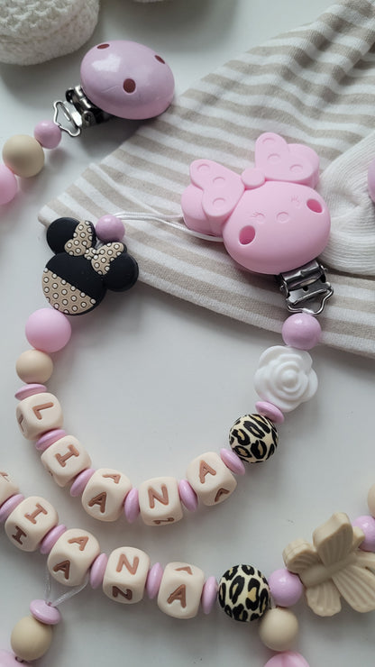 Kinderwagenkette & Schnullerkette mit Namen Minnie Maus Rosen leo