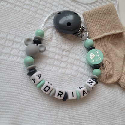 Schnullerkette mit Namen Maus & I Love Mom & Dad mint grau