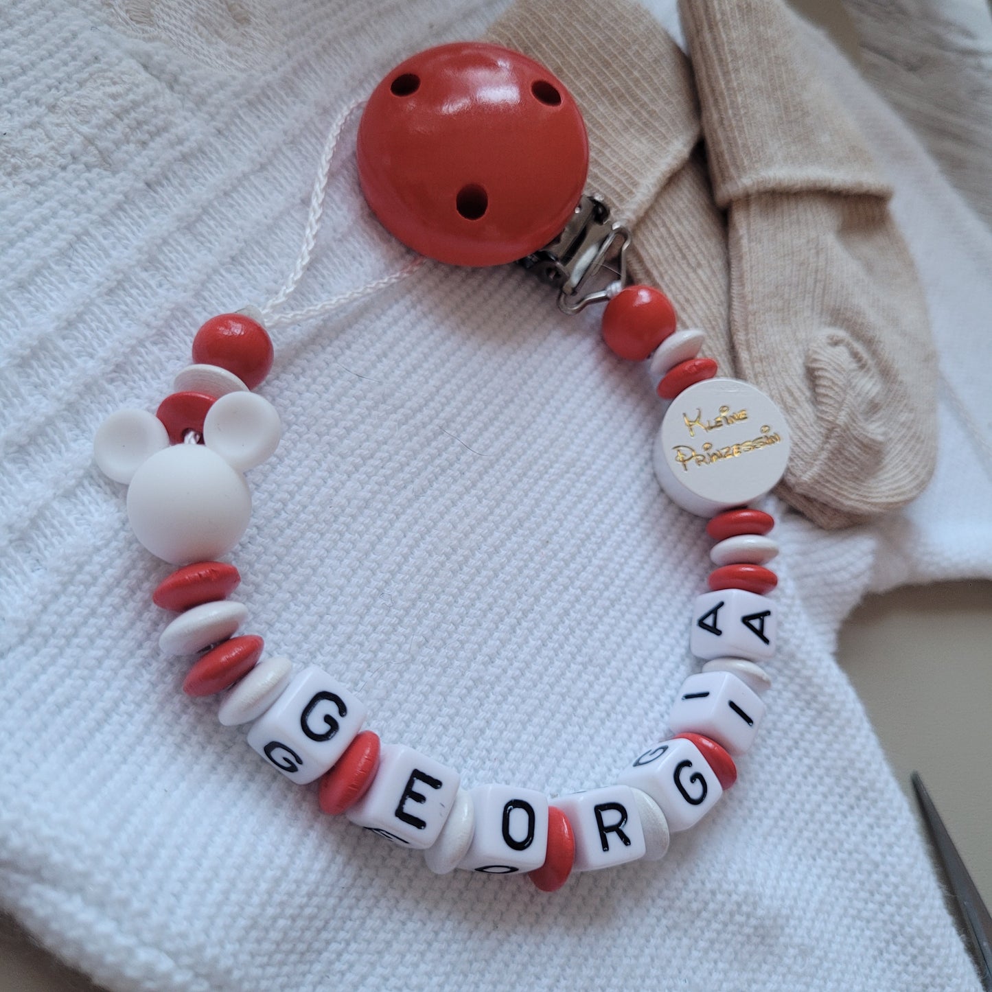 Schnullerkette mit Namen für Mädchen Maus & Kleine Prinzessin rot weiß