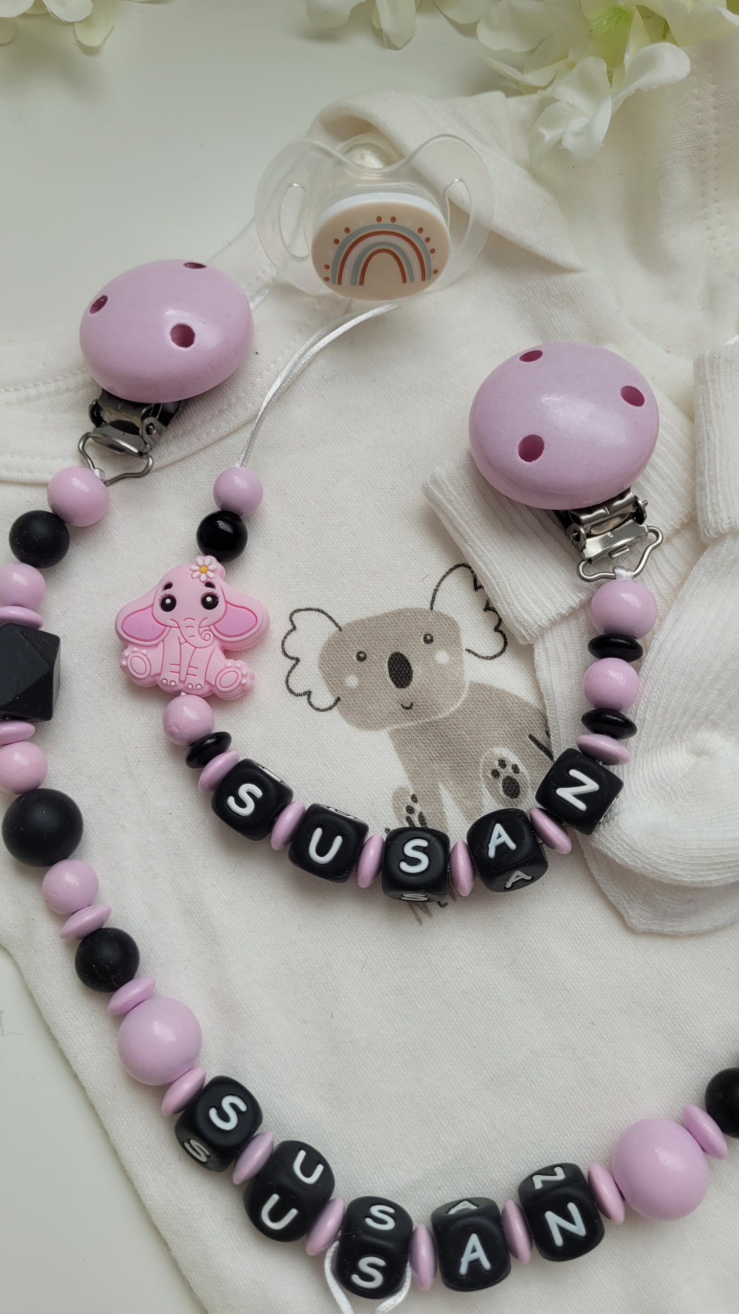 Kinderwagenkette & Schnullerkette *Elefant* rosa