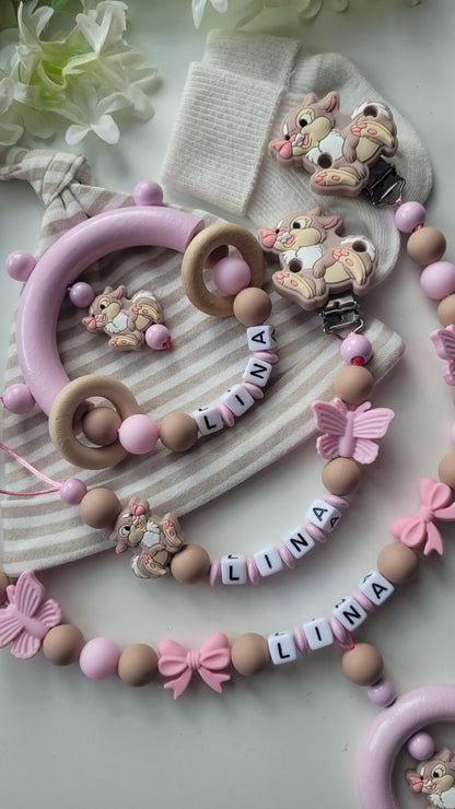 3tlg.Set Schnullerkette Kinderwagenkette & Greifring Hase Schmetterling rosa taupe