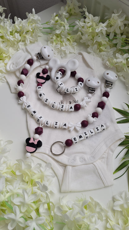 4 tlg Set Mädchentraum! Minnie Maus bordaux Schnullerkette Kinderwagenkette Greifring & Schlüsselanhänger personalisiert