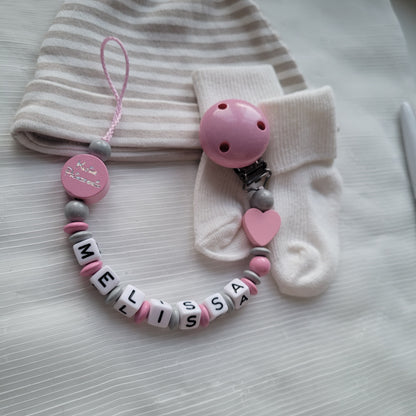 Schnullerkette mit Namen für Mädchen Herz & Kleine Prinzessin rosa grau