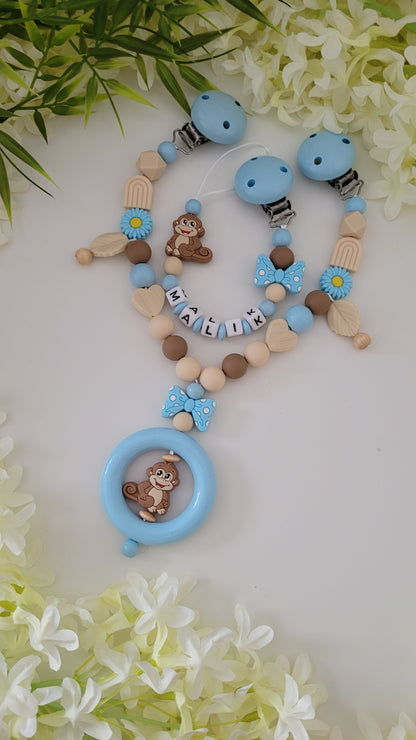 Kinderwagenkette & Schnullerkette *Äffchen*  hellblau beige