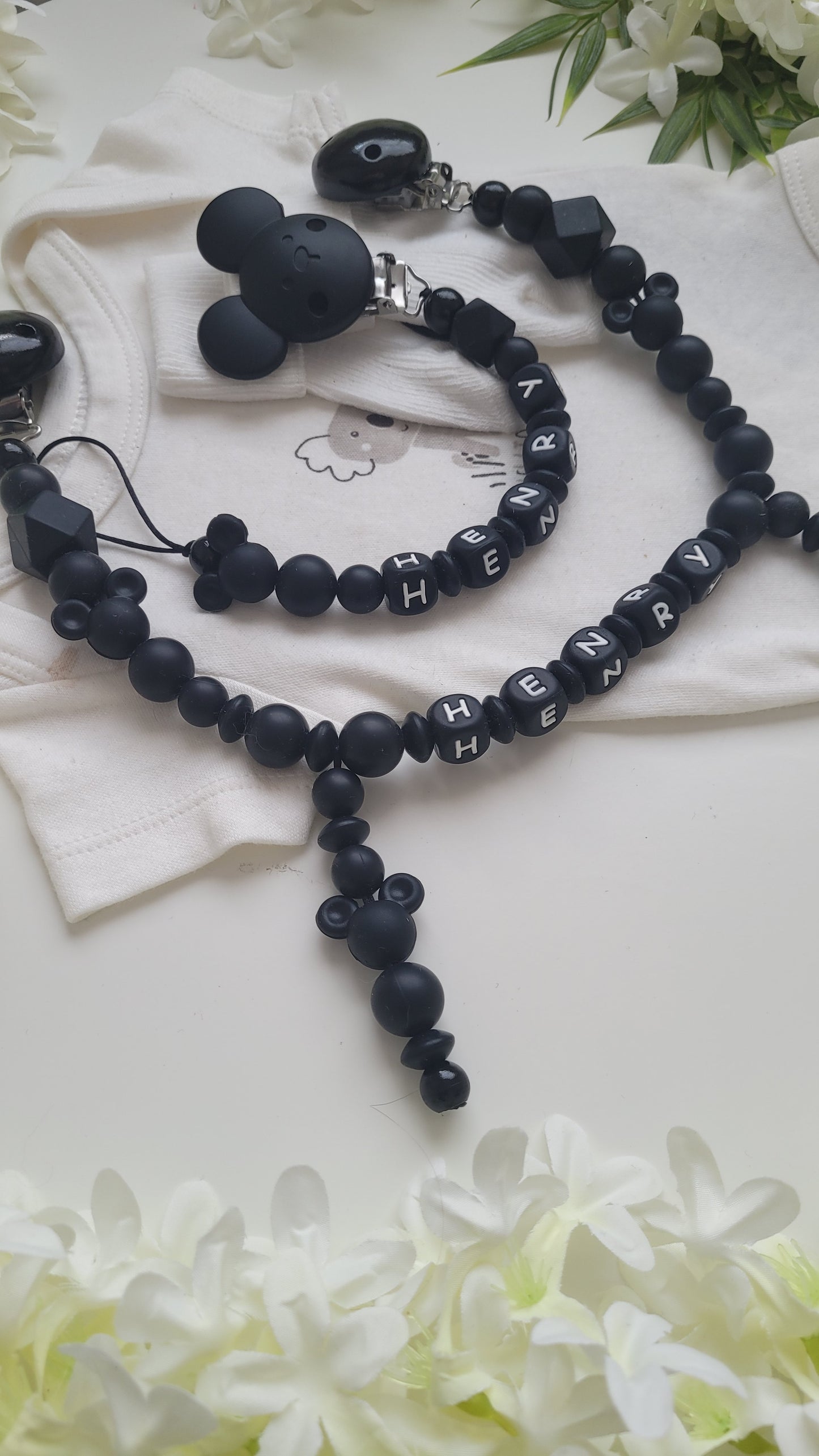 Kinderwagenkette & Schnullerkette mit Namen Maus Black Silikon