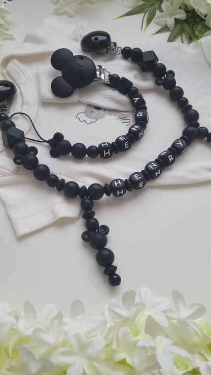 Kinderwagenkette & Schnullerkette mit Namen Maus Black Silikon