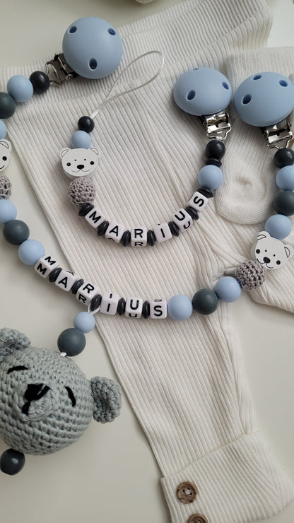 3tlg Set Schnullerkette Kinderwagenkette Greifling Bärchen blau weiss