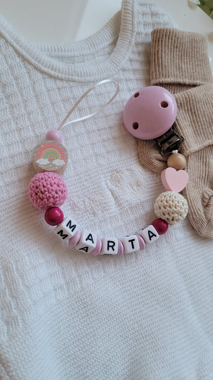 Schnullerkette mit Name Mädchen Regenbogen & Herz pink rosa