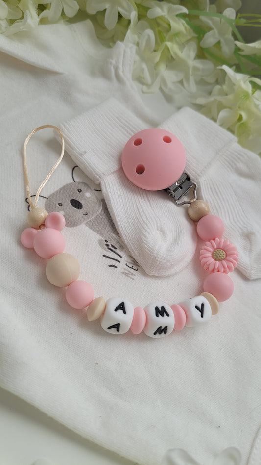 Schnullerkette mit Namen für Mädchen Maus apricot